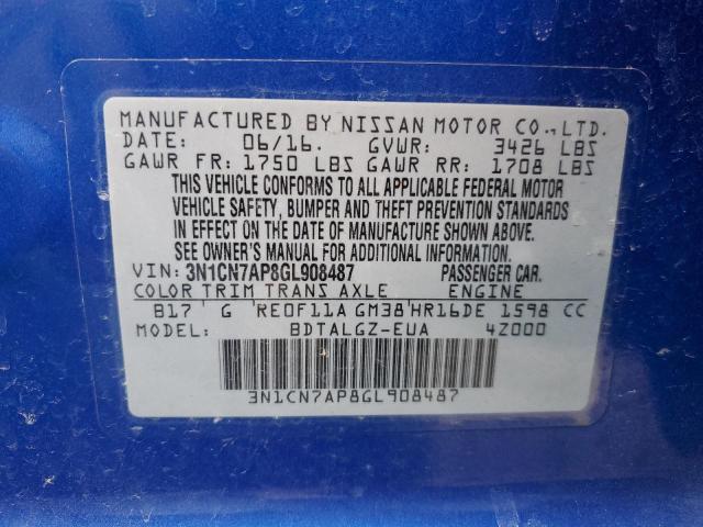 3N1CN7AP8GL908487 - 2016 NISSAN VERSA S BLUE photo 12