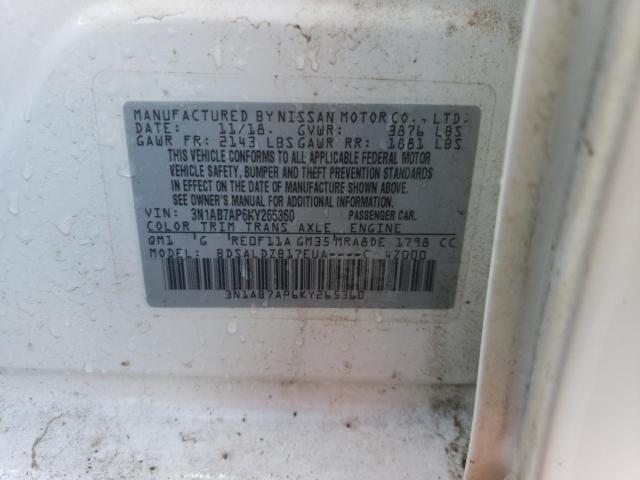 3N1AB7AP6KY265360 - 2019 NISSAN SENTRA S WHITE photo 12