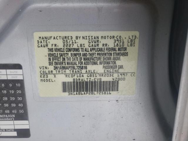 3N1AB6AP2BL725816 - 2011 NISSAN SENTRA 2.0 SILVER photo 12