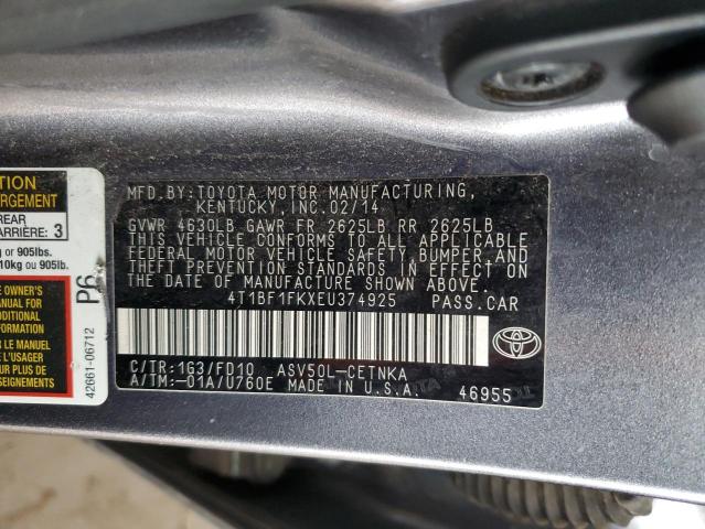 4T1BF1FKXEU374925 - 2014 TOYOTA CAMRY L GRAY photo 12