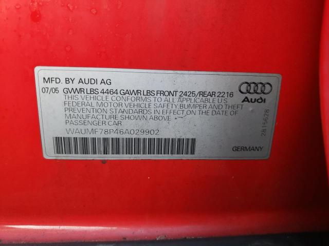 WAUMF78P46A029902 - 2006 AUDI A3 2.0 SPORT RED photo 12