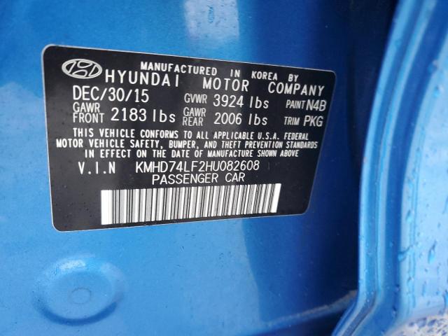 KMHD74LF2HU082608 - 2017 HYUNDAI ELANTRA SE BLUE photo 12