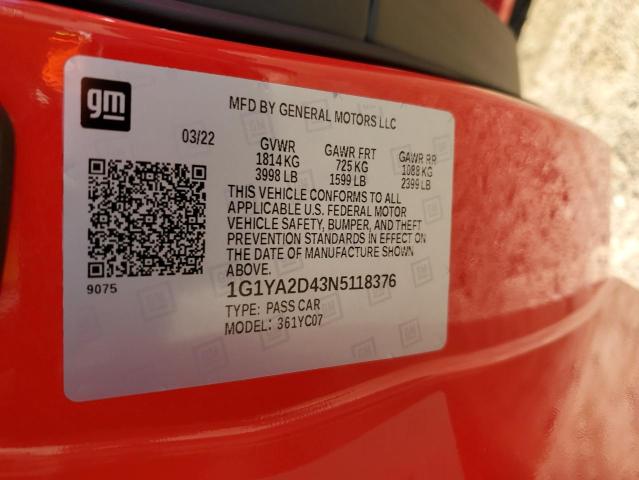 1G1YA2D43N5118376 - 2022 CHEVROLET CORVETTE STINGRAY 1LT RED photo 13