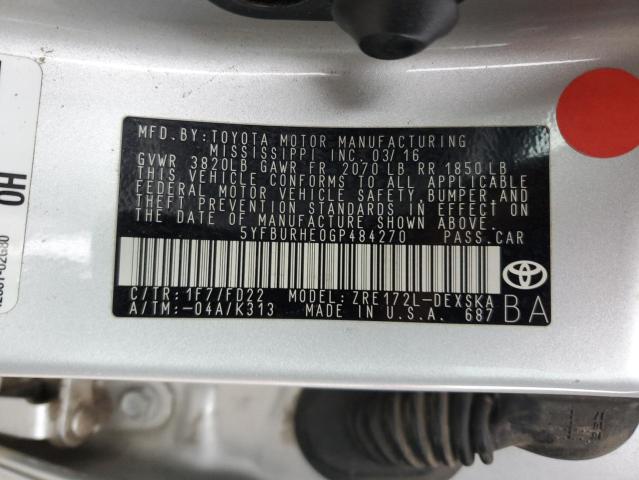 5YFBURHE0GP484270 - 2016 TOYOTA COROLLA L SILVER photo 13