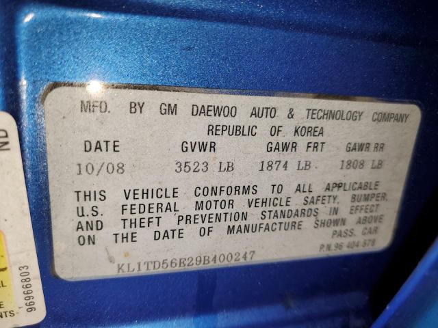KL1TD56E29B400247 - 2009 CHEVROLET AVEO LS Mavi foto 12