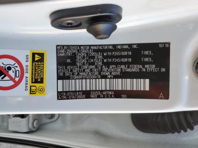 5TDKKRFH7GS506419 - 2016 TOYOTA HIGHLANDER XLE WHITE photo 12