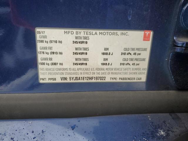 5YJSA1E12HF197022 - 2017 TESLA MODEL S BLUE photo 12