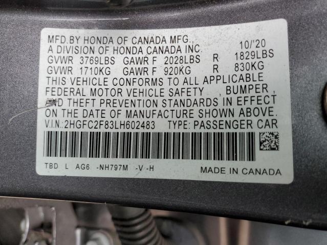 2HGFC2F83LH602483 - 2020 HONDA CIVIC SPORT 灰色 照片 12