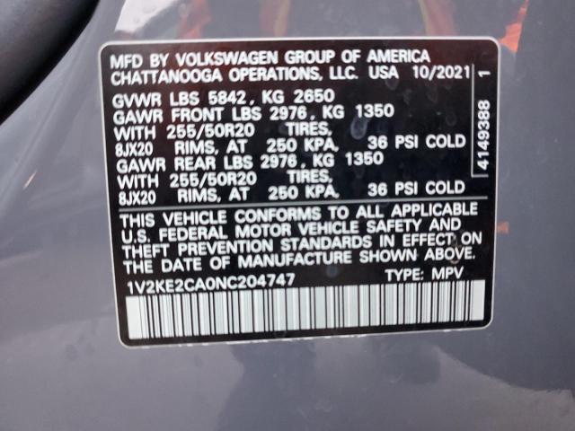 1V2KE2CA0NC204747 - 2022 VOLKSWAGEN ATLAS CROS SE GRAY photo 13
