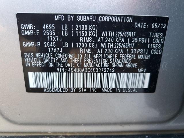 4S4BSABC6K3373749 - 2019 SUBARU OUTBACK 2.5I GRAY photo 13