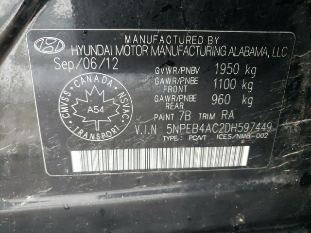 5NPEB4AC2DH597449 - 2013 HYUNDAI SONATA GLS BLACK photo 12