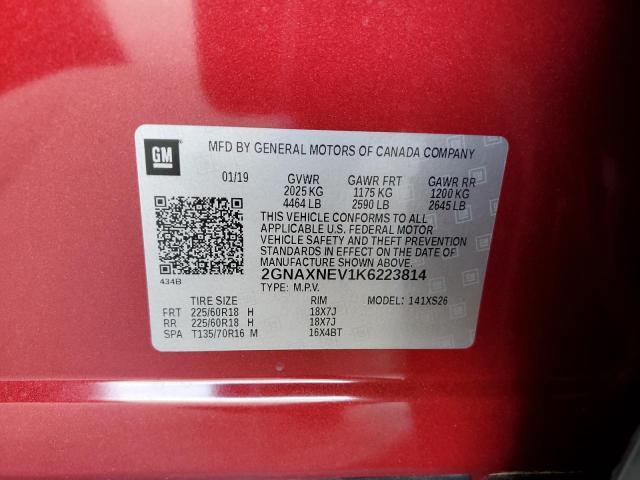 2GNAXNEV1K6223814 - 2019 CHEVROLET EQUINOX PREMIER RED photo 12