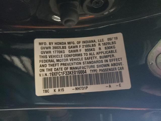 19XFC1F33KE016664 - 2019 HONDA CIVIC EX BLACK photo 12