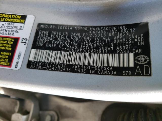 2T1BU4EE3CC891811 - 2012 TOYOTA COROLLA BASE SILVER photo 12
