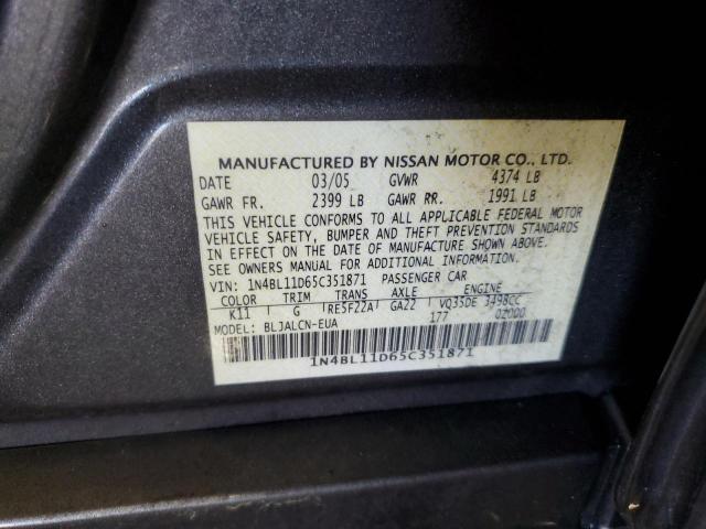 1N4BL11D65C351871 - 2005 NISSAN ALTIMA SE GRAY photo 12