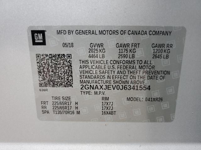 2GNAXJEV0J6341554 - 2018 CHEVROLET EQUINOX LT SILVER photo 13