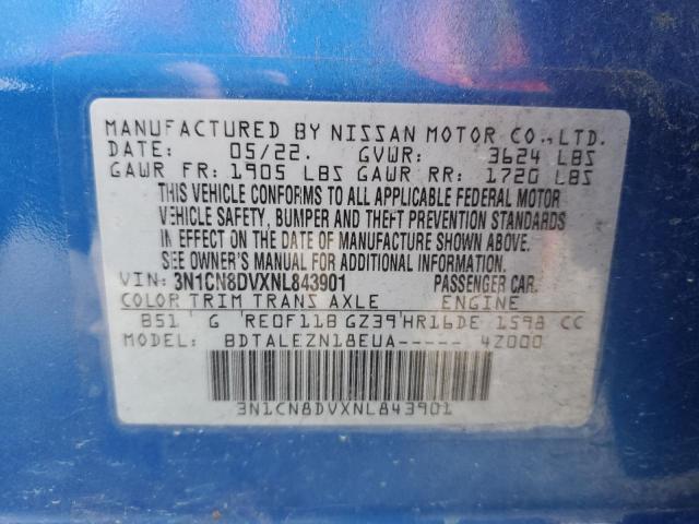 3N1CN8DVXNL843901 - 2022 NISSAN VERSA S BLUE photo 12