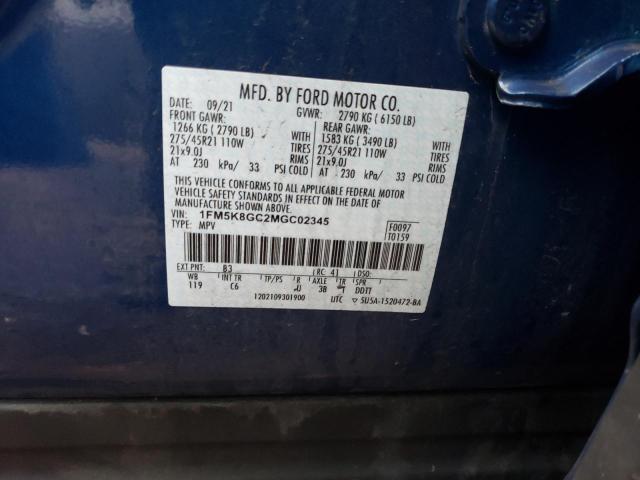 1FM5K8GC2MGC02345 - 2021 FORD EXPLORER ST BLUE photo 12