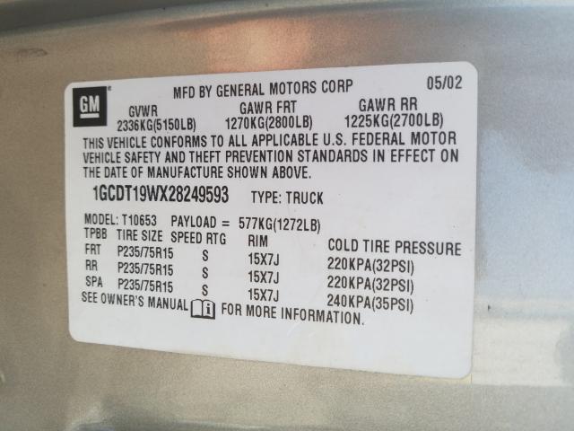 1GCDT19WX28249593 - 2002 CHEVROLET S TRUCK S10  photo 10