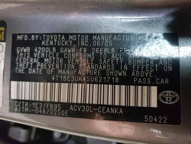 4T1BE30K45U621718 - 2005 TOYOTA CAMRY LE GRAY photo 12