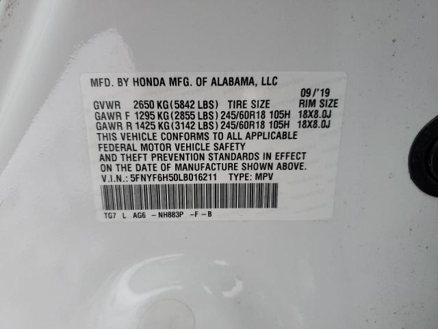 5FNYF6H50LB016211 - 2020 HONDA PILOT EXL WHITE photo 12