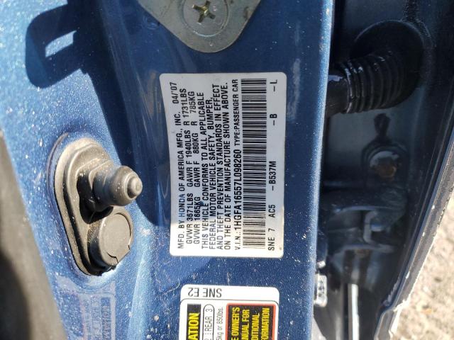 1HGFA16557L098260 - 2007 HONDA CIVIC LX BLUE photo 12