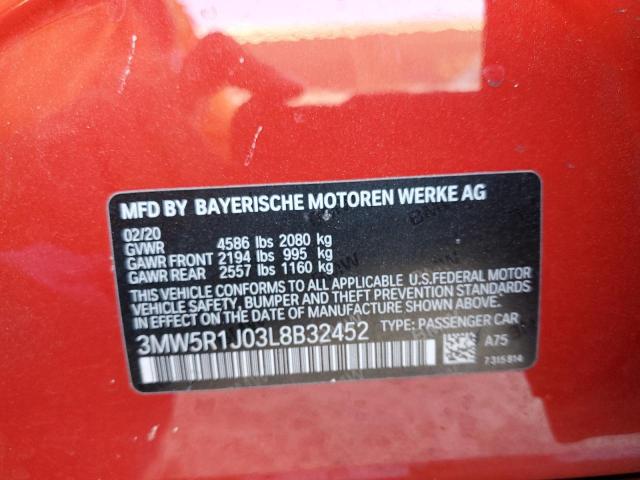 3MW5R1J03L8B32452 - 2020 BMW 330I RED photo 13