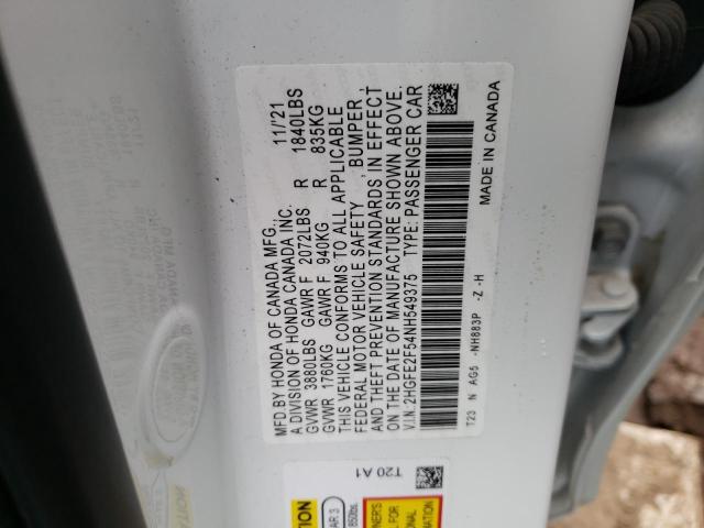 2HGFE2F54NH549375 - 2022 HONDA CIVIC SPORT 白色 照片 12