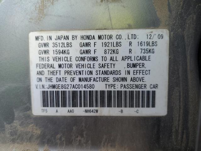 JHMGE8G27AC014580 - 2010 HONDA FIT SILVER photo 12