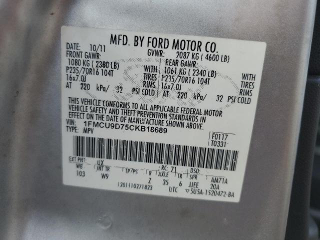 1FMCU9D75CKB18689 - 2012 FORD ESCAPE XLT SILVER photo 12