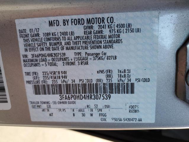 3FA6P0HD4HR307539 - 2017 FORD FUSION SE SILVER photo 12