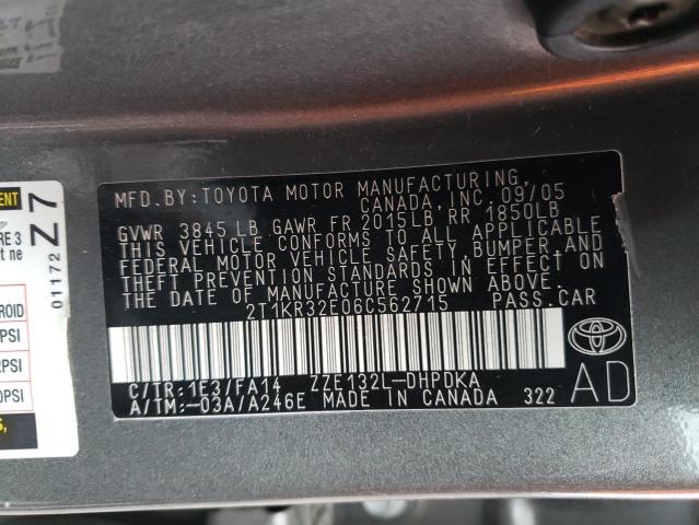 2T1KR32E06C562715 - 2006 TOYOTA COROLLA MA XR GRAY photo 12