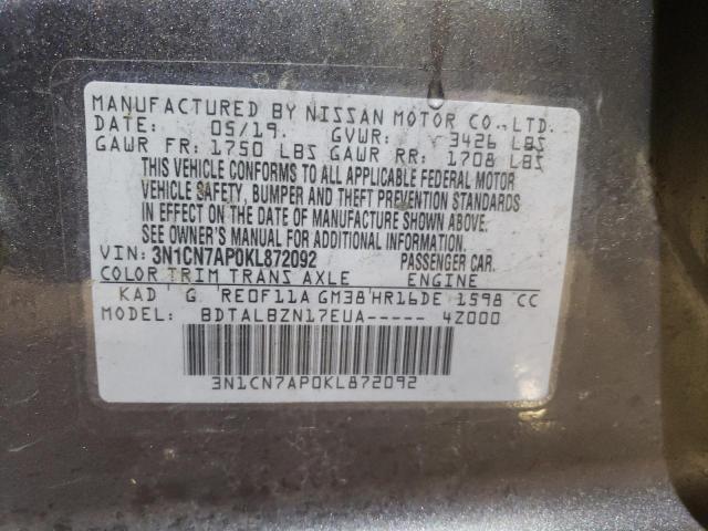 3N1CN7AP0KL872092 - 2019 NISSAN VERSA S GRAY photo 12