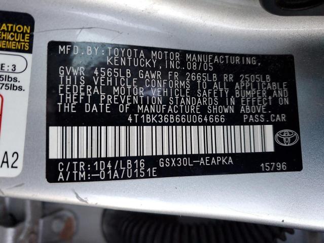 4T1BK36B66U064666 - 2006 TOYOTA AVALON XL SILVER photo 12