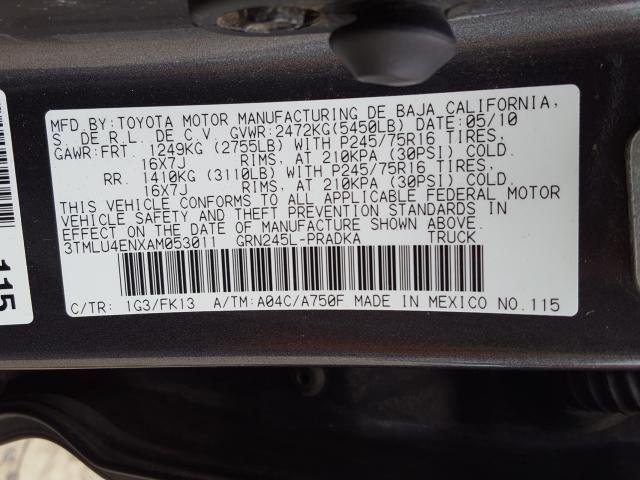 3TMLU4ENXAM053011 - 2010 TOYOTA TACOMA DOUBLE CAB  foto 10