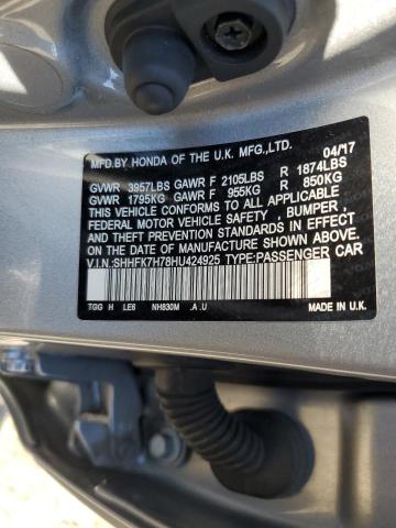 SHHFK7H78HU424925 - 2017 HONDA CIVIC EXL 银色 照片 12