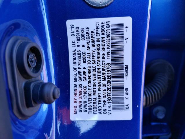 19XFC2E83KE019759 - 2019 HONDA CIVIC SPORT BLUE photo 12