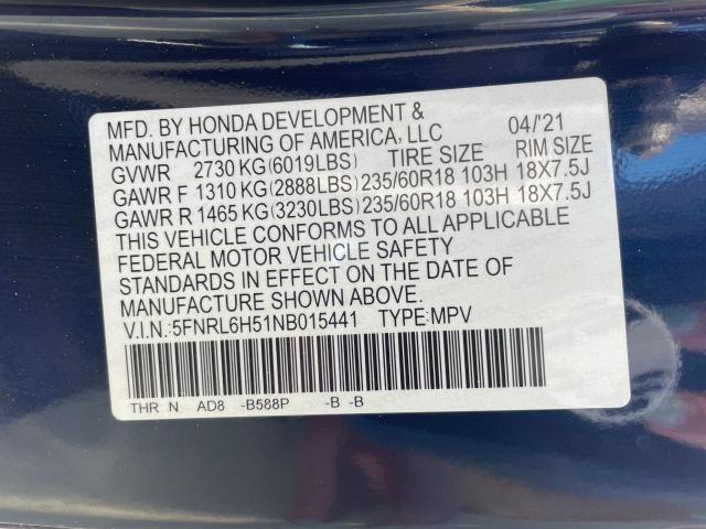 5FNRL6H51NB015441 - 2022 HONDA ODYSSEY EX BLUE photo 10