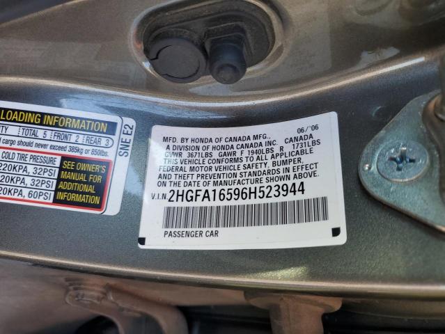 2HGFA16596H523944 - 2006 HONDA CIVIC LX GRAY photo 12