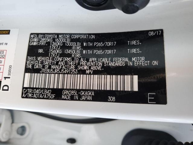 JTEBU5JR5J5491253 - 2018 TOYOTA 4RUNNER SR5/SR5 PREMIUM თეთრი ფოტო 13