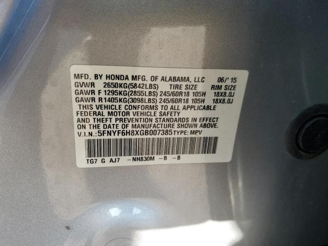 5FNYF6H8XGB007385 - 2016 HONDA PILOT EXL SILVER photo 12