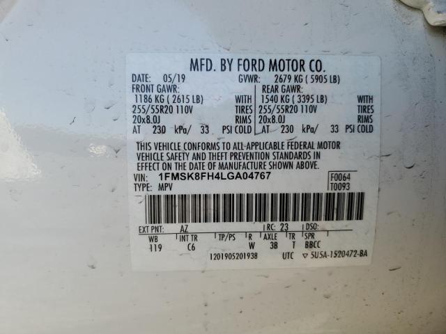 1FMSK8FH4LGA04767 - 2020 FORD EXPLORER LIMITED WHITE photo 13