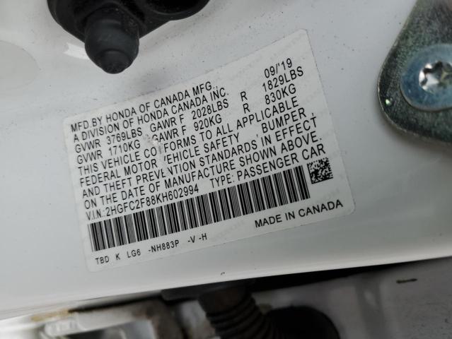 2HGFC2F88KH602994 - 2019 HONDA CIVIC SPORT 白色 照片 13
