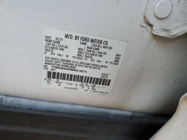 1FM5K8AW5MNA14515 - 2021 FORD EXPLORER POLICE INTERCEPTOR Weiß Foto 12