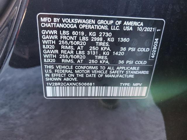 1V2BR2CAXNC506681 - 2022 VOLKSWAGEN ATLAS SEL BLACK photo 14
