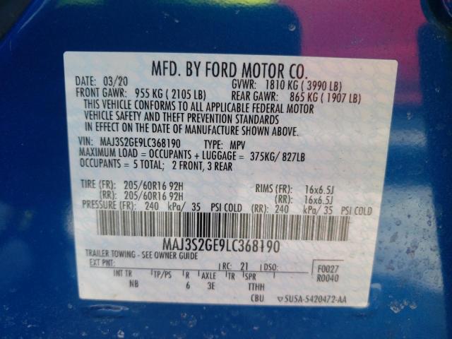 MAJ3S2GE9LC368190 - 2020 FORD ECOSPORT SE BLUE photo 13