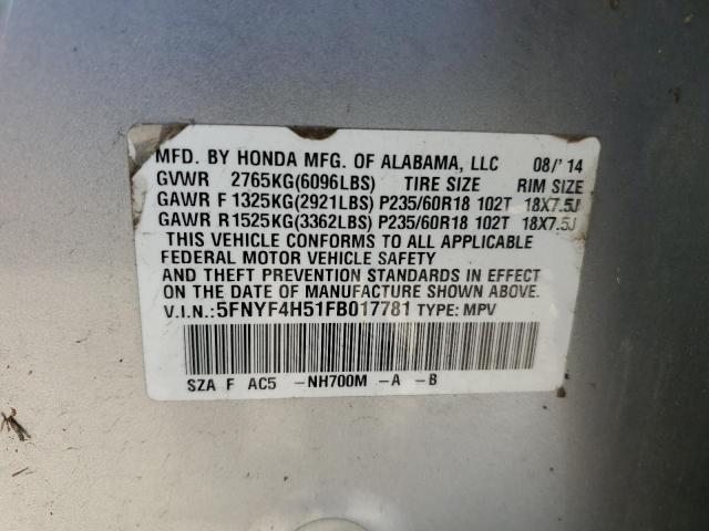 5FNYF4H51FB017781 - 2015 HONDA PILOT EXL SILVER photo 13