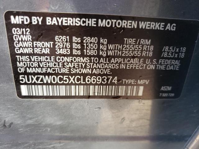 5UXZW0C5XCL669374 - 2012 BMW X5 XDRIVE35D GRAY photo 12