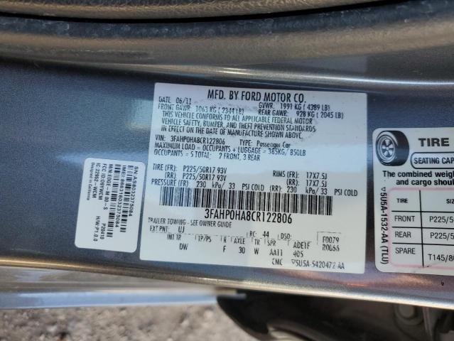 3FAHP0HA8CR122806 - 2012 FORD FUSION SE GRAY photo 12