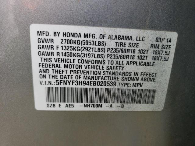 5FNYF3H94EB020539 - 2014 HONDA PILOT TOURING SILVER photo 13